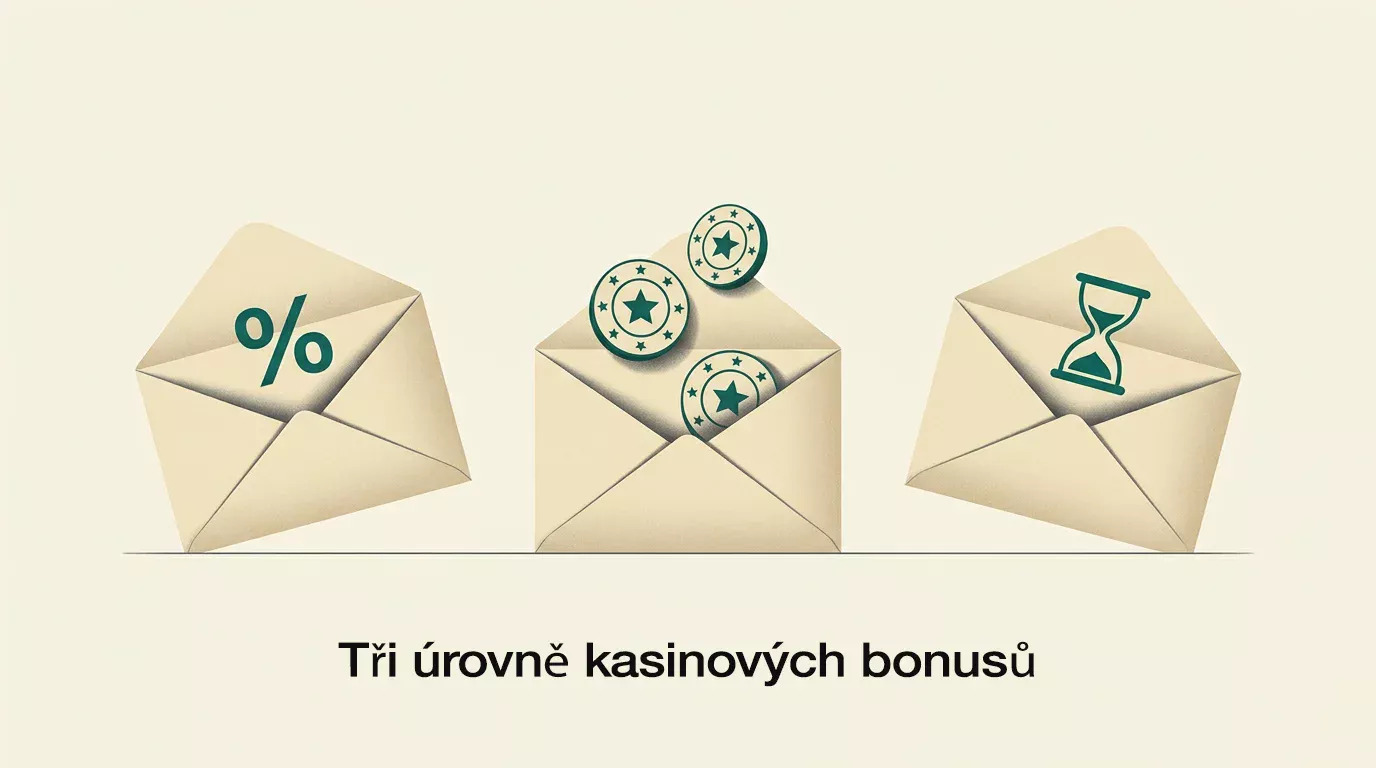 Editorial ilustrace — tři otevřené obálky s ikonami procenta, free spinů a hodin, symbolizující tři vrstvy casino bonusu (procento, free spiny, časová platnost).